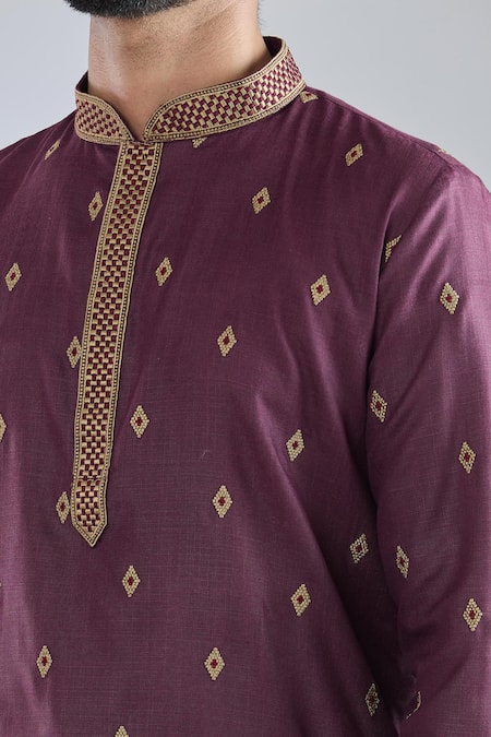Arihant Rai Sinha_Wine Polyester, Cotton Embroidery Motif Kurta Set _at_Aza_Fashions