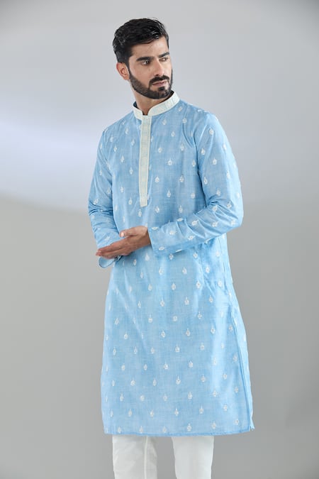 Buy_Arihant Rai Sinha_Blue Polyester, Cotton Embroidery Crest Motif Kurta And Churidar _Online_at_Aza_Fashions