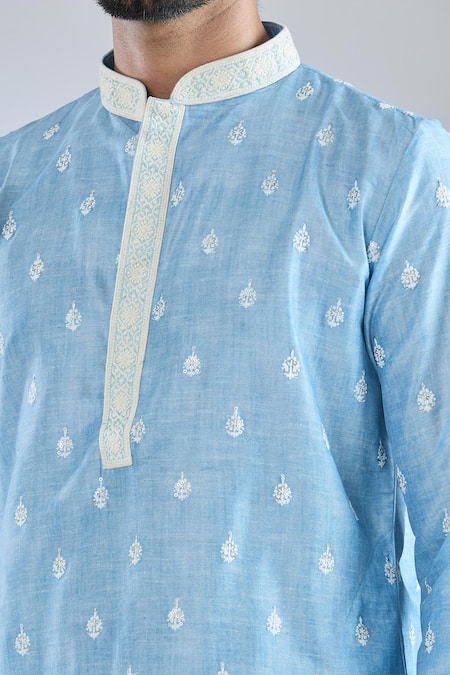 Shop_Arihant Rai Sinha_Blue Polyester, Cotton Embroidery Crest Motif Kurta And Churidar _Online_at_Aza_Fashions