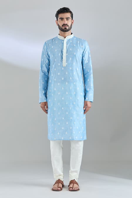 Arihant Rai Sinha_Blue Polyester, Cotton Embroidery Crest Motif Kurta And Churidar _at_Aza_Fashions