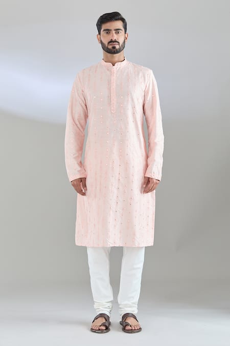 Arihant Rai Sinha_Pink Polyester, Cotton Mirrors, Embroidery And Thread Kurta Set _Online_at_Aza_Fashions