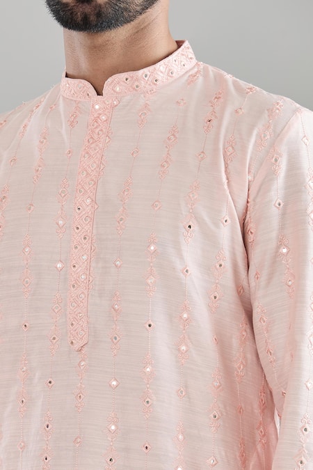 Buy_Arihant Rai Sinha_Pink Polyester, Cotton Mirrors, Embroidery And Thread Kurta Set _Online_at_Aza_Fashions