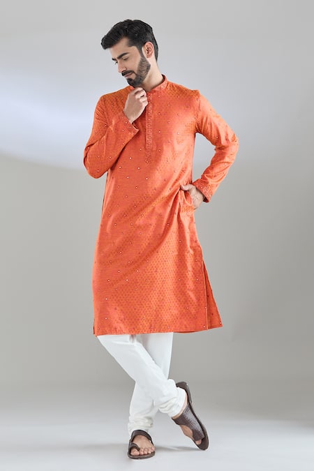 Arihant Rai Sinha Orange Polyester, Polyamide Mirrors Embroidered Kurta Set 