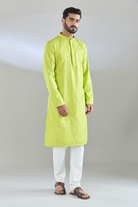 Shop_Arihant Rai Sinha_Green Polyester, Cotton Mirrors Embroidered Kurta Set _Online_at_Aza_Fashions