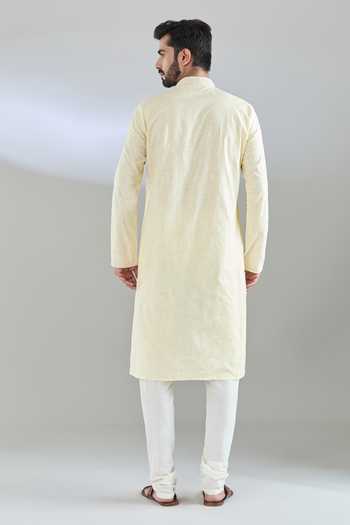 Shop Arihant Rai Sinha Yellow Polyester, Cotton Embroidery, Sequins Leaf Kurta Set at Aza Fashions Shop_Arihant Rai Sinha_Yellow Polyester, Cotton Embroidery, Sequins Leaf Kurta Set _at_Aza_Fashions