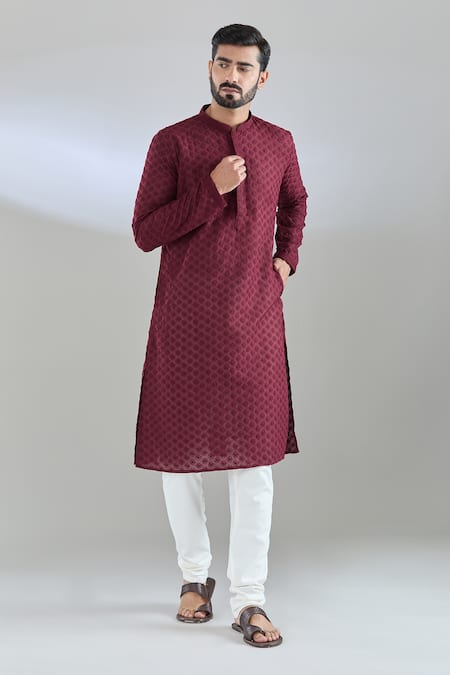 Buy_Arihant Rai Sinha_Maroon Cotton, Polyester Embroidery Dori Kurta Set _Online_at_Aza_Fashions