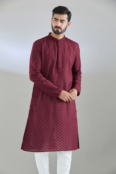Shop_Arihant Rai Sinha_Maroon Cotton, Polyester Embroidery Dori Kurta Set _Online_at_Aza_Fashions