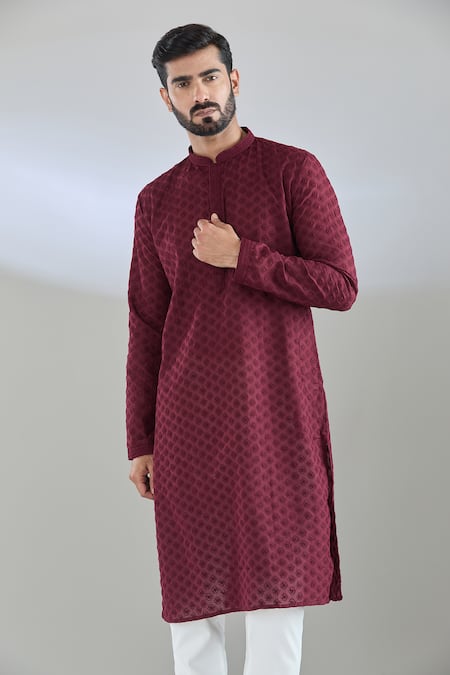 Arihant Rai Sinha_Maroon Cotton, Polyester Embroidery Dori Kurta Set _at_Aza_Fashions