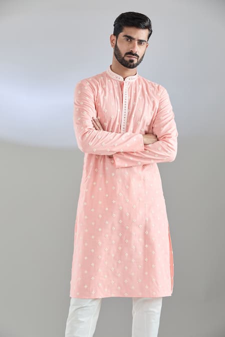 Arihant Rai Sinha_Peach Cotton, Polyester Sequins Dori And Embroidered Kurta Set _Online_at_Aza_Fashions