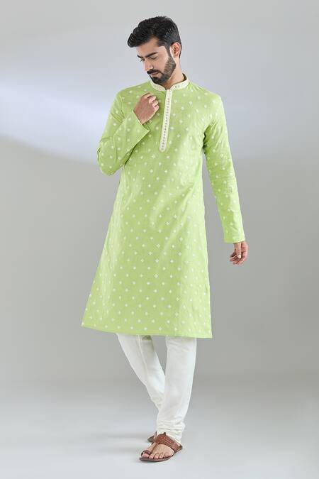 Arihant Rai Sinha_Green Cotton, Polyester Sequins Geometric Embroidered Kurta Set _Online_at_Aza_Fashions