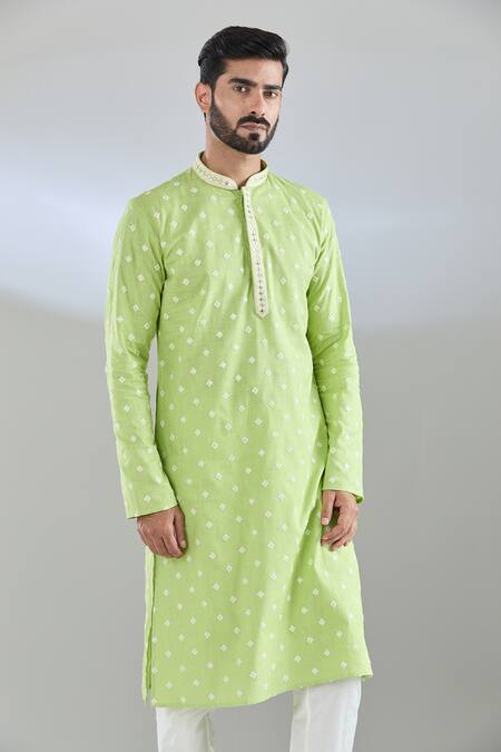 Arihant Rai Sinha_Green Cotton, Polyester Sequins Geometric Embroidered Kurta Set _at_Aza_Fashions