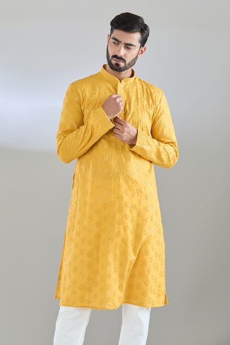 Buy_Arihant Rai Sinha_Yellow Chanderi, Cotton, Polyester Sequins Chikankari Embroidered Kurta Set_Online_at_Aza_Fashions