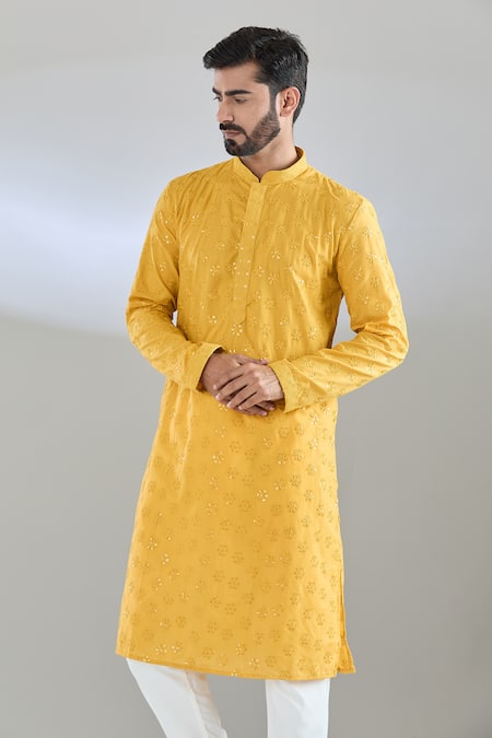 Shop_Arihant Rai Sinha_Yellow Chanderi, Cotton, Polyester Sequins Chikankari Embroidered Kurta Set_Online_at_Aza_Fashions