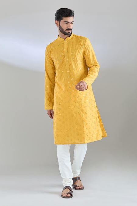 Arihant Rai Sinha_Yellow Chanderi, Cotton, Polyester Sequins Chikankari Embroidered Kurta Set_at_Aza_Fashions