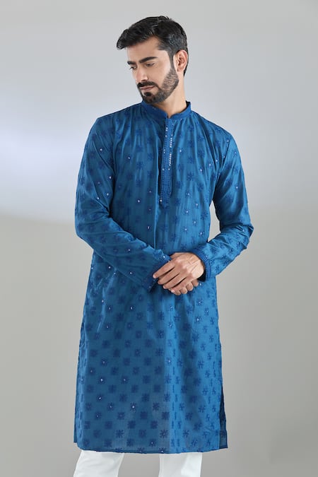 Buy_Arihant Rai Sinha_Blue Chanderi, Polyester Sequins, Embroidery Lotus Kurta Set _Online_at_Aza_Fashions