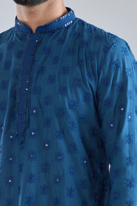 Arihant Rai Sinha_Blue Chanderi, Polyester Sequins, Embroidery Lotus Kurta Set _at_Aza_Fashions