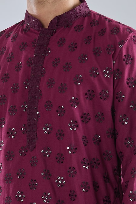 Arihant Rai Sinha_Wine Chanderi Cotton, Polyester Sequins, Embroidery Kurta Set _Online_at_Aza_Fashions