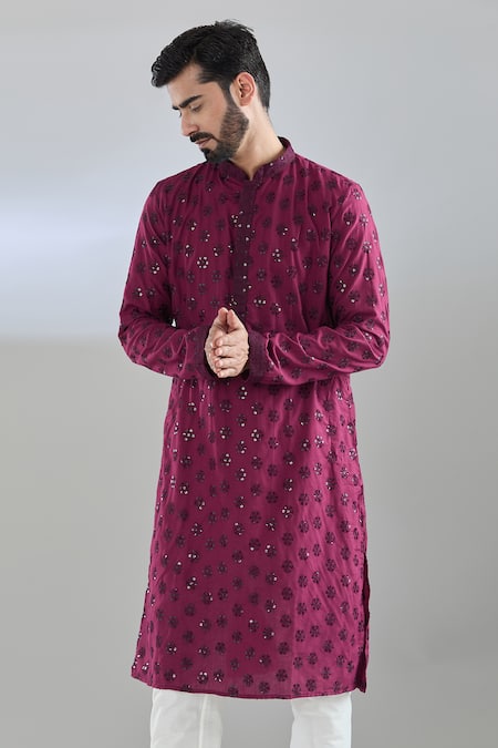 Buy_Arihant Rai Sinha_Wine Chanderi Cotton, Polyester Sequins, Embroidery Kurta Set _Online_at_Aza_Fashions