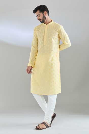 Arihant Rai Sinha Yellow Chanderi, Polyester Sequins, Embroidery Kurta Set at Aza Fashions Arihant Rai Sinha_Yellow Chanderi, Polyester Sequins, Embroidery Kurta Set _at_Aza_Fashions