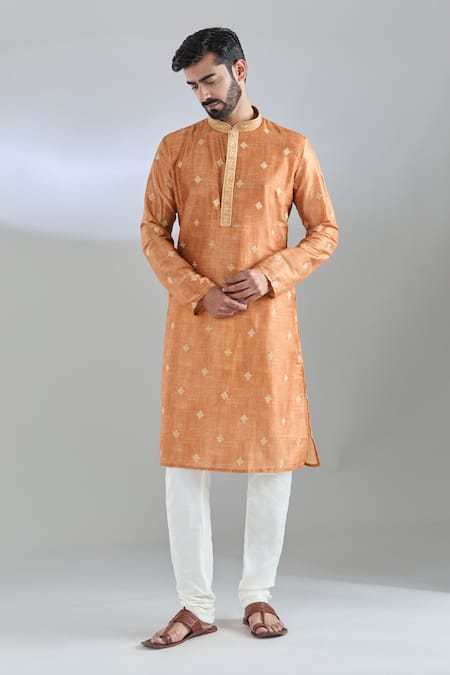 Arihant Rai Sinha_Gold Polyester, Cotton Embroidery Floral Thread Kurta Set _Online_at_Aza_Fashions