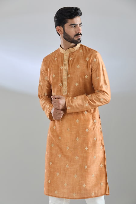 Buy_Arihant Rai Sinha_Gold Polyester, Cotton Embroidery Floral Thread Kurta Set _Online_at_Aza_Fashions
