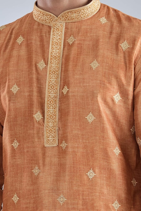 Shop_Arihant Rai Sinha_Gold Polyester, Cotton Embroidery Floral Thread Kurta Set _Online_at_Aza_Fashions