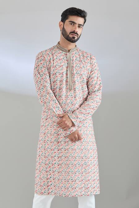 Buy_Arihant Rai Sinha_Orange Cotton, Polyester Geometric Print Kurta Set_Online_at_Aza_Fashions