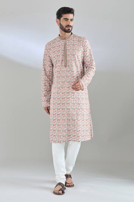 Shop_Arihant Rai Sinha_Orange Cotton, Polyester Geometric Print Kurta Set_Online_at_Aza_Fashions