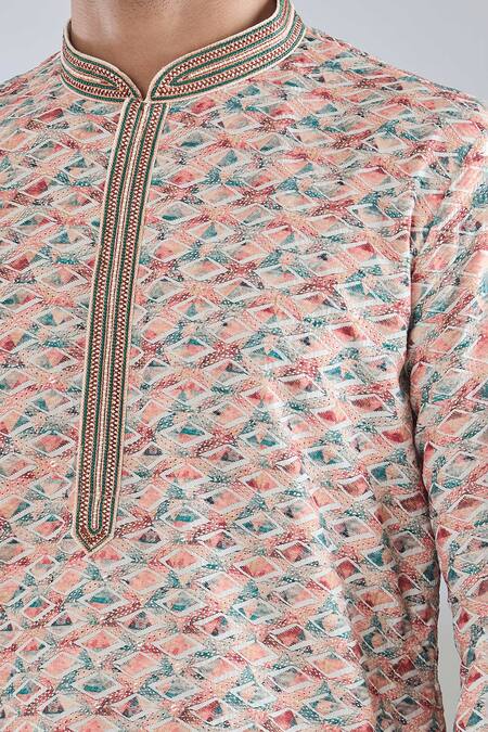 Arihant Rai Sinha_Orange Cotton, Polyester Geometric Print Kurta Set_at_Aza_Fashions