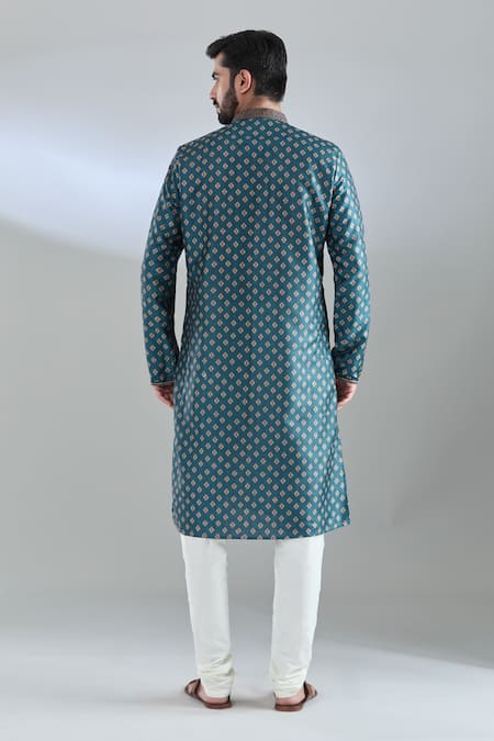 Shop Arihant Rai Sinha Blue Polyester, Cotton Navy Geometric Print Kurta Set at Aza Fashions Shop_Arihant Rai Sinha_Blue Polyester, Cotton Navy Geometric Print Kurta Set _at_Aza_Fashions