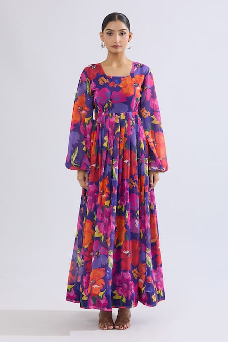 Buy Naintara Bajaj Multi Color Georgette, Crepe Square Neck Floral Print Maxi Dress Online at Aza Fashions Buy_Naintara Bajaj_Multi Color Georgette, Crepe Square Neck Floral Print Maxi Dress _Online_at_Aza_Fashions