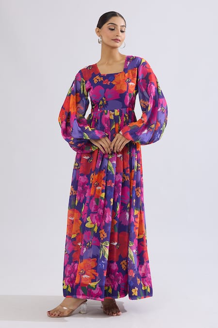 Shop Naintara Bajaj Multi Color Georgette, Crepe Square Neck Floral Print Maxi Dress Online at Aza Fashions Shop_Naintara Bajaj_Multi Color Georgette, Crepe Square Neck Floral Print Maxi Dress _Online_at_Aza_Fashions