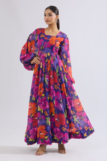 Naintara Bajaj Multi Color Georgette, Crepe Square Neck Floral Print Maxi Dress at Aza Fashions Naintara Bajaj_Multi Color Georgette, Crepe Square Neck Floral Print Maxi Dress _at_Aza_Fashions