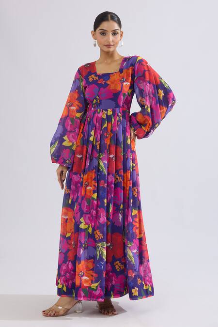 Buy Naintara Bajaj Multi Color Georgette, Crepe Square Neck Floral Print Maxi Dress Buy_Naintara Bajaj_Multi Color Georgette, Crepe Square Neck Floral Print Maxi Dress