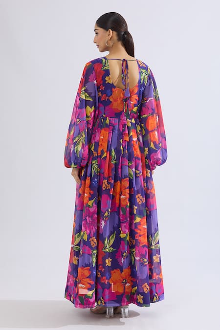 Shop Naintara Bajaj Multi Color Georgette, Crepe Square Neck Floral Print Maxi Dress at Aza Fashions Shop_Naintara Bajaj_Multi Color Georgette, Crepe Square Neck Floral Print Maxi Dress _at_Aza_Fashions