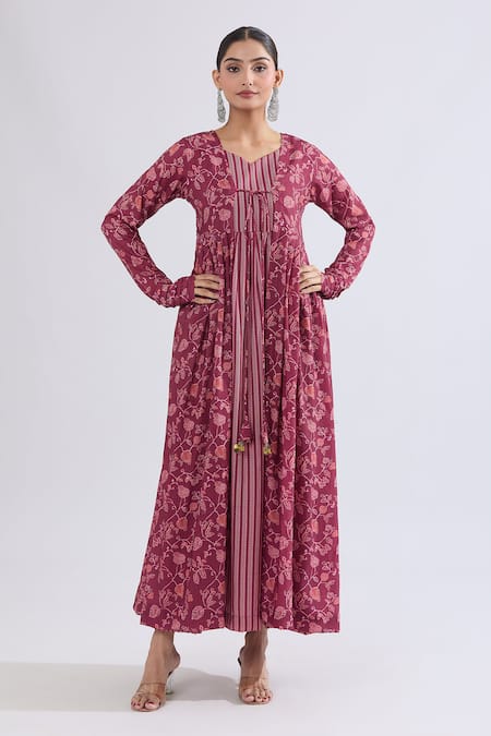 Samyukta Singhania_Maroon Muslin, Crepe Embroidery Open Floral And Geometric Stripe Maxi Dress Set_Online_at_Aza_Fashions