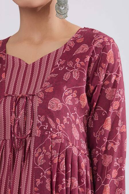 Buy_Samyukta Singhania_Maroon Muslin, Crepe Embroidery Open Floral And Geometric Stripe Maxi Dress Set_Online_at_Aza_Fashions