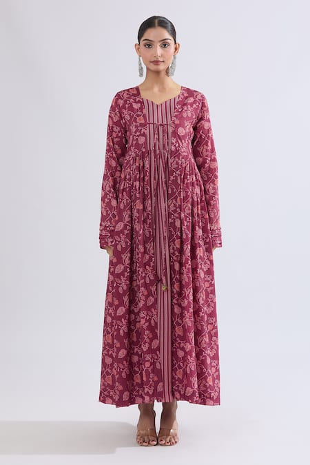 Shop_Samyukta Singhania_Maroon Muslin, Crepe Embroidery Open Floral And Geometric Stripe Maxi Dress Set_Online_at_Aza_Fashions