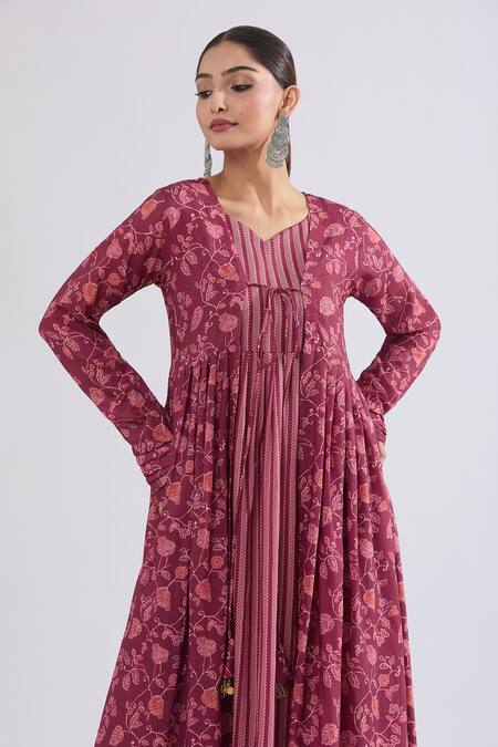 Samyukta Singhania_Maroon Muslin, Crepe Embroidery Open Floral And Geometric Stripe Maxi Dress Set_at_Aza_Fashions