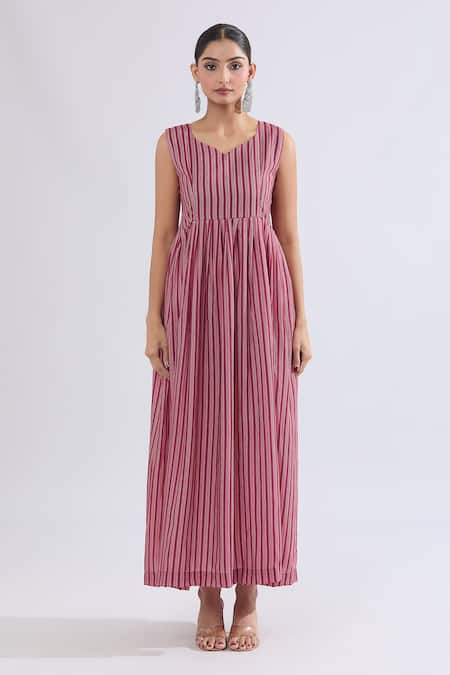 Buy_Samyukta Singhania_Maroon Muslin, Crepe Embroidery Open Floral And Geometric Stripe Maxi Dress Set