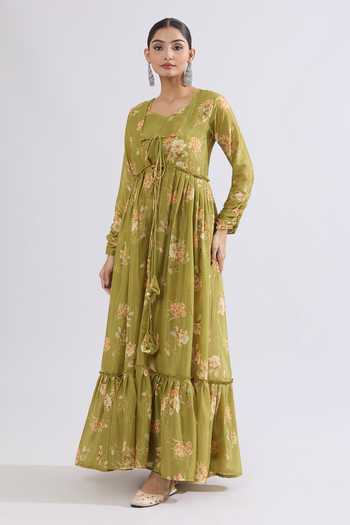Samyukta Singhania_Green Chiffon Embroidery Sweetheart Neck Floral Print Jacket Sharara Set _Online_at_Aza_Fashions