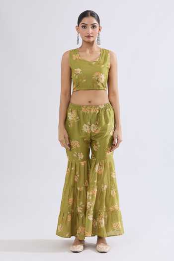 Buy_Samyukta Singhania_Green Chiffon Embroidery Sweetheart Neck Floral Print Jacket Sharara Set _Online_at_Aza_Fashions