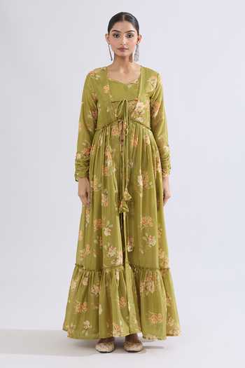 Shop_Samyukta Singhania_Green Chiffon Embroidery Sweetheart Neck Floral Print Jacket Sharara Set _Online_at_Aza_Fashions