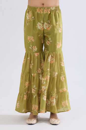 Buy_Samyukta Singhania_Green Chiffon Embroidery Sweetheart Neck Floral Print Jacket Sharara Set 
