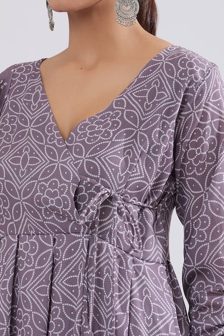 Shop_Naintara Bajaj_Purple Muslin Embroidery V-neck Floral Bandhani Angarkha Kurta Set _Online_at_Aza_Fashions