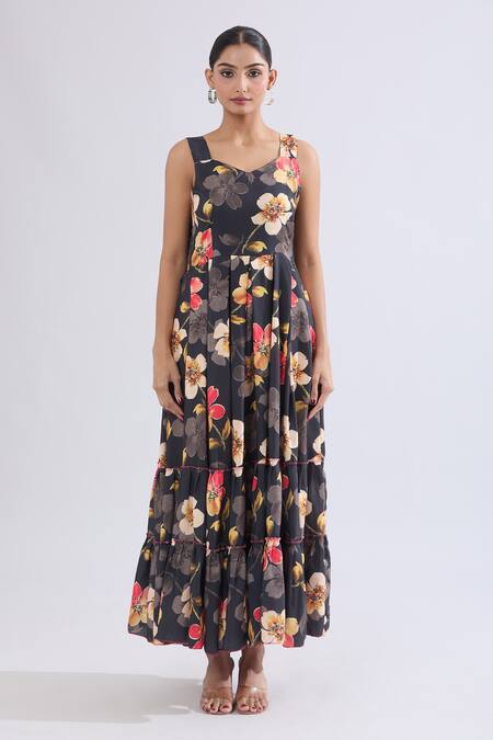 Naintara Bajaj_Black Rayon Sweetheart Neck Floral Print Tiered Maxi Dress _Online_at_Aza_Fashions