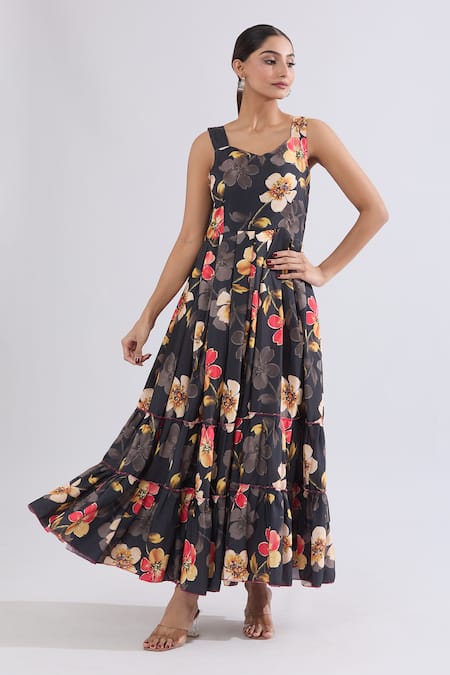 Buy_Naintara Bajaj_Black Rayon Sweetheart Neck Floral Print Tiered Maxi Dress _Online_at_Aza_Fashions