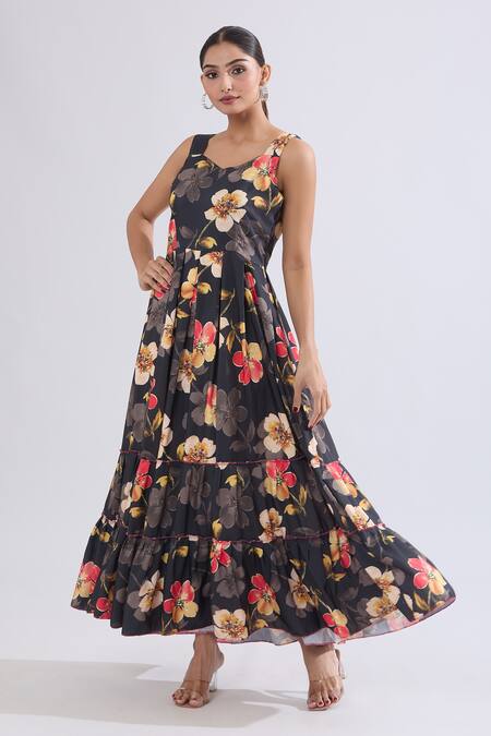 Naintara Bajaj_Black Rayon Sweetheart Neck Floral Print Tiered Maxi Dress _at_Aza_Fashions