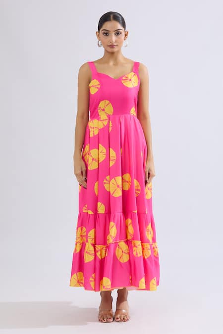 Naintara Bajaj Pink Rayon Sweetheart Neck Abstract Circular Print Tiered Maxi Dress Online at Aza Fashions Naintara Bajaj_Pink Rayon Sweetheart Neck Abstract Circular Print Tiered Maxi Dress _Online_at_Aza_Fashions