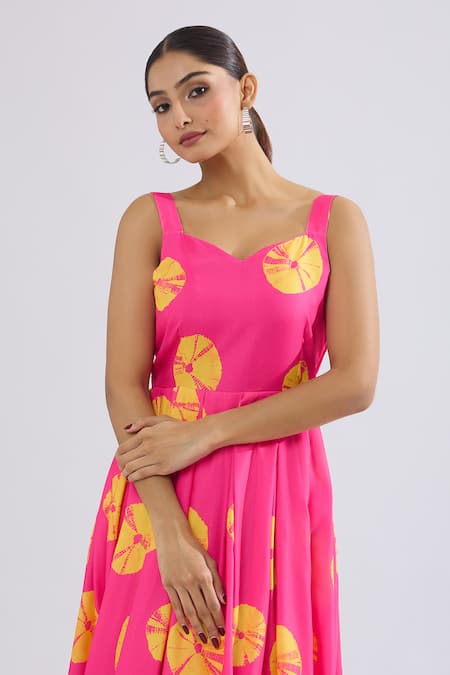 Buy Naintara Bajaj Pink Rayon Sweetheart Neck Abstract Circular Print Tiered Maxi Dress Online at Aza Fashions Buy_Naintara Bajaj_Pink Rayon Sweetheart Neck Abstract Circular Print Tiered Maxi Dress _Online_at_Aza_Fashions